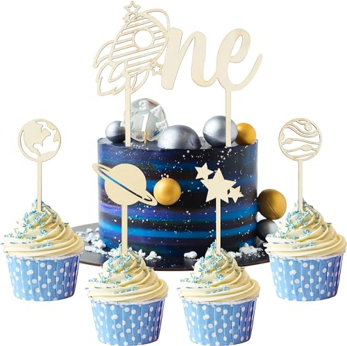 Haooryx 5-teiliges Weltraum Holz ONE Cake Toppers - Rakete Sterne Planeten Für 1. Geburtstag Babyparty Weltraum-Party Kindergeburtstag Hochwertige Materialien Kreative Design Beliebte Partydekoration von Haooryx