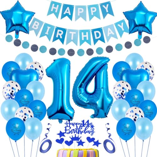 14. Geburtstag Dekoration Blau, Party Deko 14. Blau, Geburtstagsdeko 14 Jahre Jungen Blau, Luftballon 14. Geburtstag Blau, Tortendeko 14. Geburtstag Junge Mädchen, Luftballon 14. Geburtstag Junge von Haosell