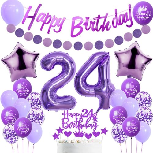 24. Geburtstag Dekoration für Frauen - Lila Tortendeko, Party Deko, Luftballons und Ballon Set - Geburtstagsdeko 24 Jahre von Haosell