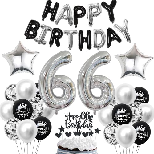 66. Geburtstag Deko Schwarz Silber - Tortendeko für Mann und Frau - Party Ballons und Dekoration für 66 Jahre von Haosell