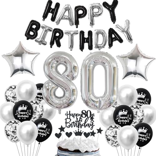 80. Geburtstag Deko Schwarz Silber für Mann und Frau - Tortendeko, Dekoration, Party Ballons von Haosell