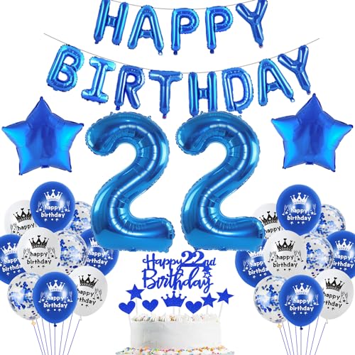 Blau Luftballon 22. Geburtstag Mann Deko - Folienballon, Party Dekorationen, Happy Birthday Girlande Banner, Geburtstagsdeko 22 Jahre - Ballon Deko für Männer von Haosell