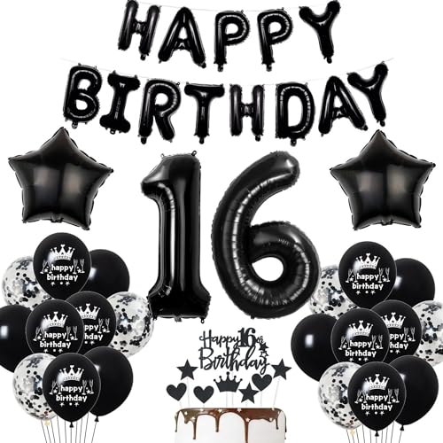 Deko 16. Geburtstag Junge Schwarz Tortendeko 16 Geburtstag Mädchen Luftballons 16. Schwarz Party Ballons 16 Dekoration Geburtstagsdeko 16 Jahre Jungen Deko Schwarze von Haosell