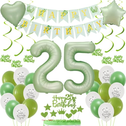 Grün Deko 25. Geburtstag - Luftballons Salbeigrün für Frauen und Männer - Dekoration Set 25 Jahre von Haosell