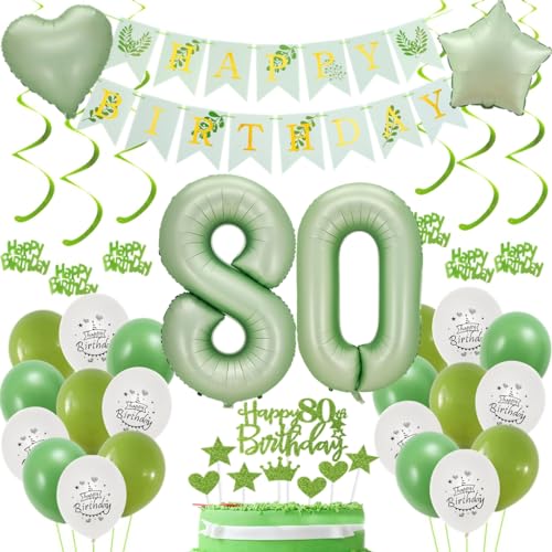 Grün Deko 80. Geburtstag für Frauen und Männer - Luftballons Salbeigrün, Dekoration Set, Geburtstagsdeko 80 Jahre von Haosell