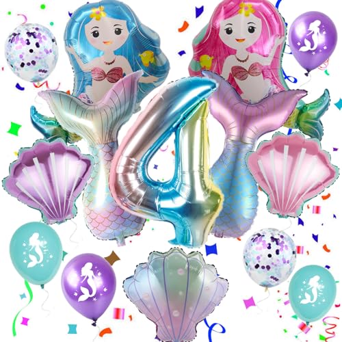 Haosell Meerjungfrau Großes Luftballon 4 Jahr Kindergeburtstag Deko Mädchen Bunt Meerjungfrau Ballon - 1x XXL Meerjungfrau Ballon+Zahl 4 Zahlen-Ballon +1 Schale Ballon + 4 x Konfetti-Ballon von Haosell
