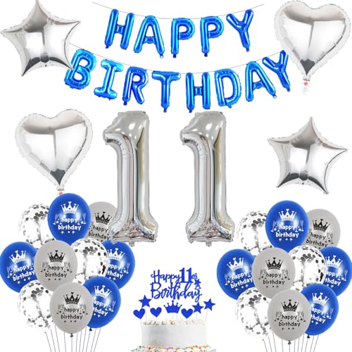 Luftballon 11.Geburtstag Junge blau silber deko Folienballon 11 jahre Geburtstags deko Junge mädchen silber happy Birthday 11th Geburtstagsdeko 11 Ballon 11 jahre Geburtstag mädchen Dekoration (11) von Haosell