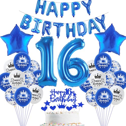 Blau Luftballon 16. Geburtstag Junge deko Folienballon 16 Tortendeko 16 Geburtstags Junge dekoration happy Birthday Girlande Banner Blau Geburtstagsdeko 16 jahre Ballon deko 16. Geburtstag von Haosell