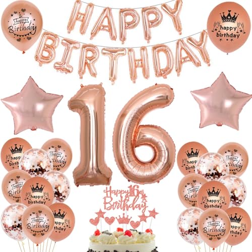 Luftballon 16. Geburtstag Mädchen Rosegold deko Folienballon 16 jahre Geburtstags deko Mädchen Rosegold set happy Birthday 16 Geburtstagsdeko Mädchen Ballon 16 jahre Geburtstag Dekoration set(16) von Haosell