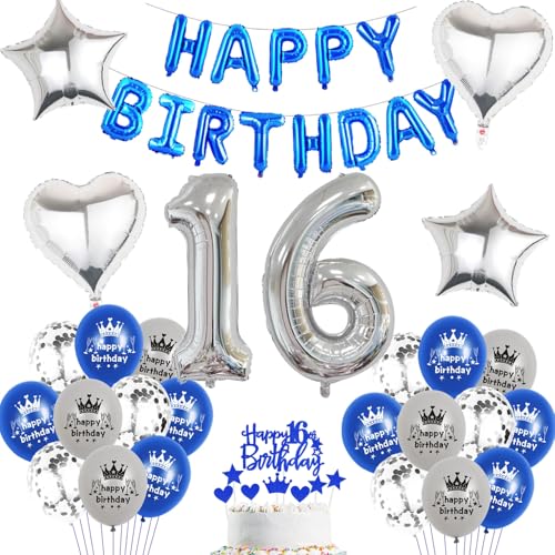 Luftballon 16.Geburtstag Junge blau silber deko Folienballon 16 jahre Geburtstags deko Junge mädchen silber happy Birthday 16th Geburtstagsdeko 16 Ballon 16 jahre Geburtstag mädchen Dekoration (16) von Haosell