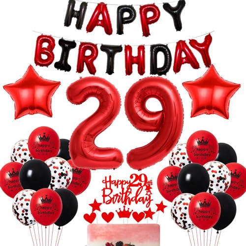 Haosell Rot 29. Geburtstagsballons mit der Zahl 29 - 27 Stück, inkl. Happy Birthday Banner, Tortendeko, Ballons Bänder, Stern Foilenballons, Latex Luftballons, Konfetti Luftballons - Damen, Erwachsene von Haosell