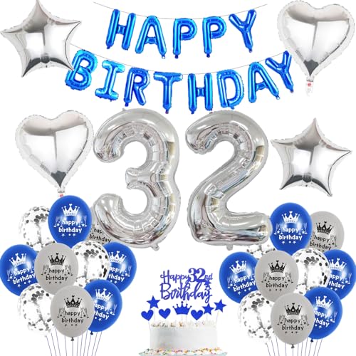 Luftballon 32. Geburtstag mann blau deko Folienballon 32 jahre Geburtstags deko mann männer blau set happy Birthday 32th Geburtstagsdeko 32 Ballon 32 jahre Geburtstag Dekoration set(32) von Haosell