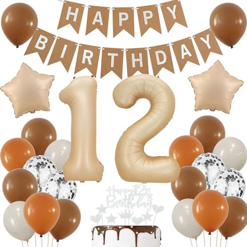 Luftballons 12 Jahre Brau,12 Geburtstag Deko Beige, Deko 12 Geburtstags Mädchen,12 Jahre Geburtstagsdeko Ballon,Boho 12. Luftballon Beige,Party Deko 12 Luftballon, Junge 12. Geburtstag Dekoration von Haosell