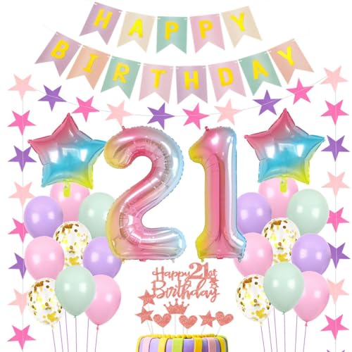 Luftballons 21 Geburtstag Dekoration Frau Rosa, 21.Geburtstag Deko Frau, Geburtstagsdeko 21 Jahre,Frauen 21 Geburtstagsdeko bunt,Luftballon 21. Rosa,Regenbogen Luftballon 21 Jahre von Haosell