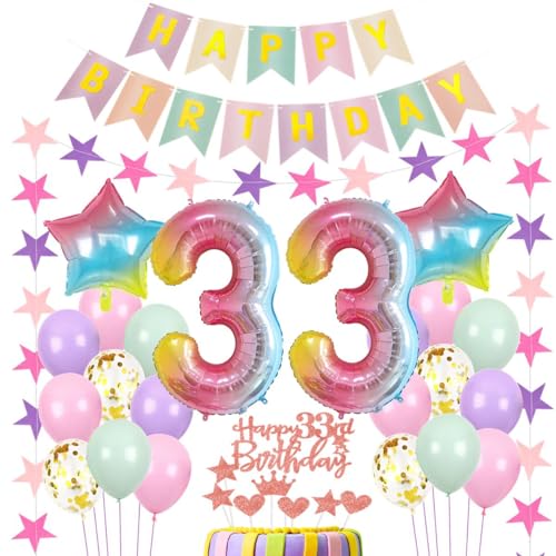 Luftballons 33 Geburtstag Dekoration Frau Rosa, 33.Geburtstag Deko Frau, Geburtstagsdeko 33 Jahre,Frauen 33 Geburtstagsdeko bunt,Luftballon 33. Rosa,Regenbogen Luftballon 33 Jahre von Haosell