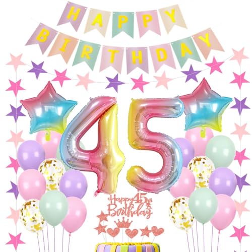 Luftballons 45 Geburtstag Dekoration Frau Rosa, 45.Geburtstag Deko Frau, Geburtstagsdeko 45 Jahre,Frauen 45 Geburtstagsdeko bunt,Luftballon 45. Rosa,Regenbogen Luftballon 45 Jahre von Haosell