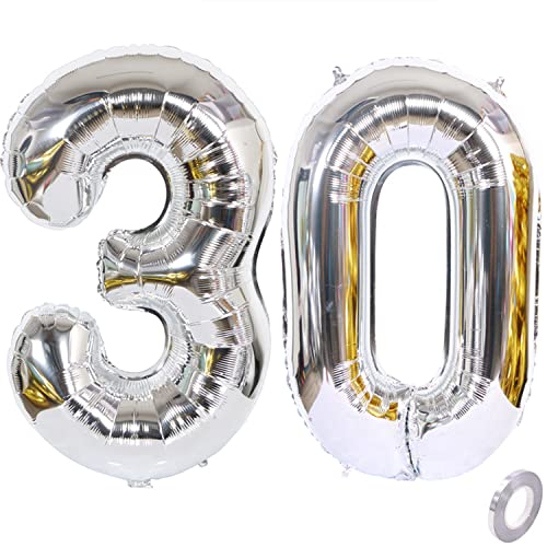 XXL Folienballon 30 Geburtstag, Folienballon Zahl 30, Folienballon Zahl 30 Silber, Luftballons Zahl 30, Nummer 30 Luftballon Silber, Folienballon 40" Geburtstagsdeko Ballon Zahl 30 von Haosell