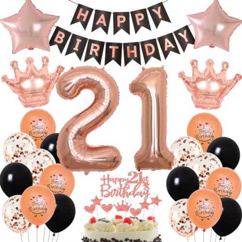 Rosegold 21. Geburtstag Deko für Frauen - Luftballons, Party Dekoration Schwarz von Haosell