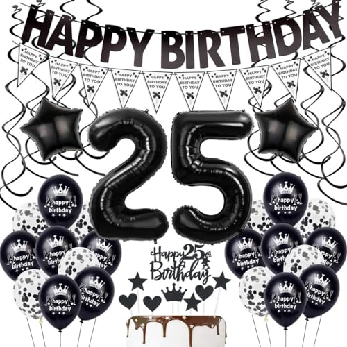 Schwarz 25. Geburtstag Dekoration,Luftballon 25. Geburtstag Mann Frau,Schwarz Geburtstag 25 Jahre Mann, Schwarz 25. Tortendeko,Geburtstagsdeko 25 Jahre Frau,Schwarz Ballon 25. Party Dekoration von Haosell