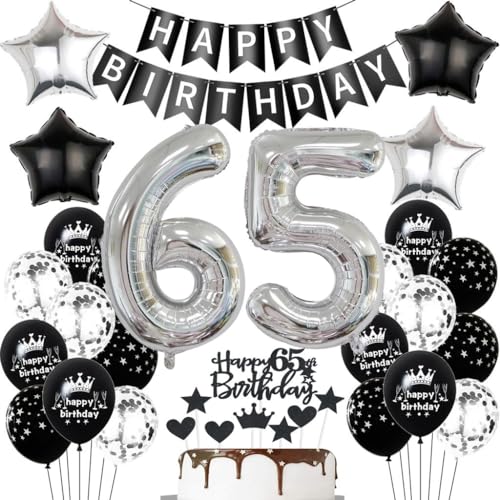 Schwarz Silber Luftballons 65. Geburtstag Dekoration - Geburtstagsdeko für Frauen Männer, Ballons, Tortendeko, Party Deko von Haosell