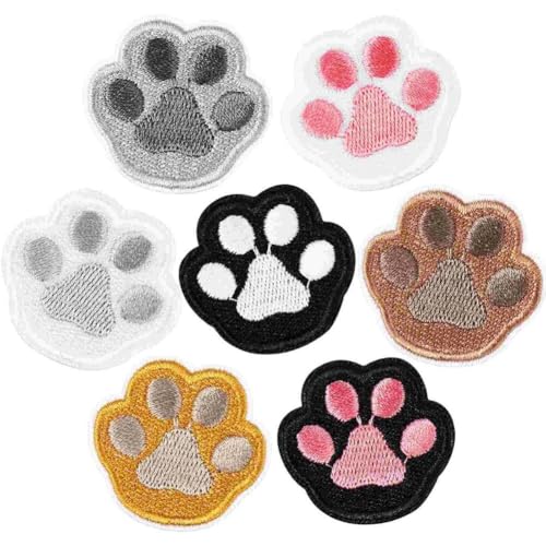 Haowul 7 Stück Pfotenabdruck-Stickerei-Aufnäher, Katzenpfoten-Aufnäher zum Aufbügeln, süße Pfoten-Aufnäher-Applikation, Abzeichen für Kleidung, Rucksack, Schuhe, Jacke, Jeans, Hut, Kleid von Haowul
