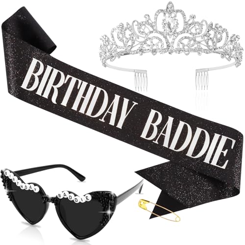 Geburtstags-Baddie-Schärpe & Sonnenbrille & Krone für Frauen, Hapdoo "Birthday BADDIE" Schärpe für Mädchen, lustige Geburtstagsdekorationen, Baddie-Zubehör für Frauen, Partyzubehör von Hapdoo