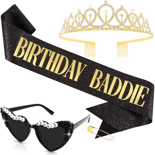 Geburtstags-Baddie-Schärpe & Sonnenbrille & Krone für Frauen, Hapdoo "Birthday BADDIE" Schärpe für Mädchen, lustige Geburtstagsdekorationen, Baddie-Zubehör für Frauen, Partyzubehör von Hapdoo