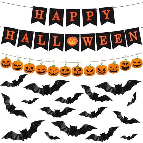Hapdoo 19pcs Happy Halloween Party Dekorationen Set - Halloween Banner, Kürbiskarton, realistische PVC 3D Fledermaus Aufkleber, Halloween Dekorationen Party Supplies für Home Decor Wand Fenster von Hapdoo