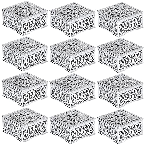 12 Stück Hochzeits Geschenkboxen 5,7×5,7×3 cm Kunststoff Mini Aushöhlung Bonbon Geschenkboxen Party Favor Candy Boxen für Hochzeitsbevorzugungen, Weihnachten, Geburtstag(Silber) von Hapivida