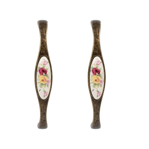 2 Stück Antiker Schrankgriff, Vintage Blumenmuster Schrankgriff Retro Möbelgriff Schubladegriff Bronze Keramik Schrank Griffe Türgriff Porzellangriff Möbelknöpfe, Bohrlochabstand 128mm (#3) von Hapivida