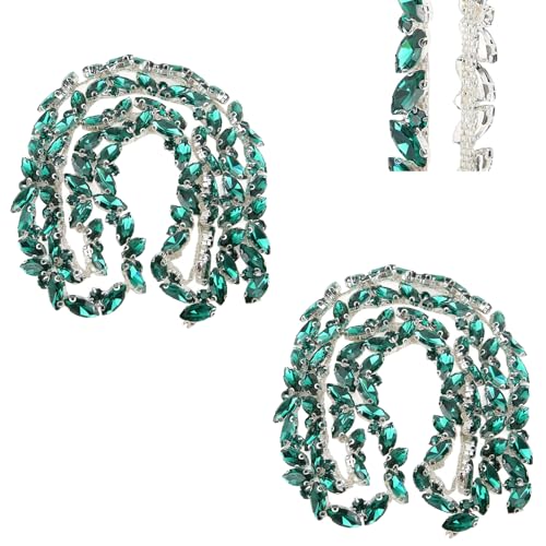 2 Stück Strassbesatz 1 Yard Strass Trim Kette Crystal Flower Strasskette Kristall Strass Kettenapplikation DIY Schmuck Kristallkette Diamant Perlenkette zum Basteln, Nähen, Hochzeit, Party (Grün) von Hapivida