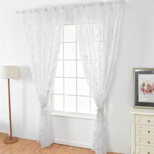 2 Stück Vorhänge Transparent Tüllvorhänge 100 x 200 cm Feder Muster Fenster Tür Vorhang Tüll Vorhänge für Wohnzimmer, Schlafzimmer, Mädchen Zimmer, Balkon (Silber) von Hapivida
