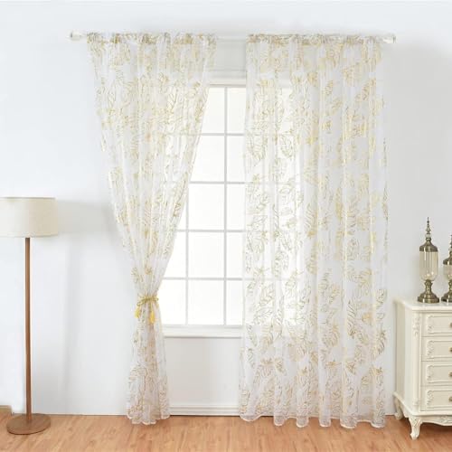Hapivida Vorhänge Transparent Tüllvorhänge, Feder Muster Fenster Tür Vorhang Tüll Vorhänge für Wohnzimmer, Schlafzimmer, Mädchen Zimmer, Balkon, 100 x 200 cm (Gold-2PCS) von Hapivida