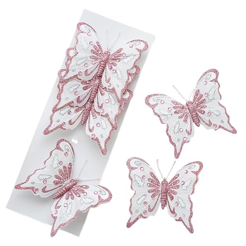 Hapivida Weihnachten Glitzer Schmetterling Schmetterlingsschmuck, 6pcs künstlicher Schmetterling Weihnachtsbaumdekorationen mit Clips DIY Weihnachtskranz dekore für Hochzeitsfeier Festival (Rosa) von Hapivida