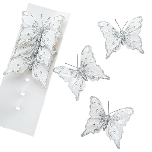 Hapivida Weihnachten Glitzer Schmetterling Schmetterlingsschmuck, 6pcs künstlicher Schmetterling Weihnachtsbaumdekorationen mit Clips DIY Weihnachtskranz dekore für Hochzeitsfeier Festival (Silber) von Hapivida