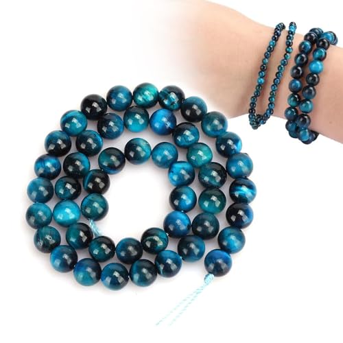 48 Stück Natürliche Blaue Tigerauge Perlen 8mm Runde Lose Naturstein Perlen mit Loch zum Schmuck Basteln Auffädeln, Aquamarin Tigerauge Edelstein Perlen für DIY Schmuck Armband Herstellungszubehör von Hapivida