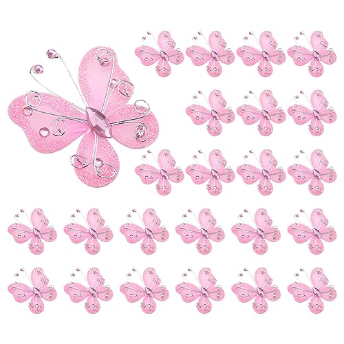 Organza Schmetterlinge, 24 Stück durchscheinender Maschendraht Glitzer Schmetterling Stoff Schmetterlinge Hochzeit Party Kleidung Dekoration DIY Zubehör(Rosa) von Hapivida