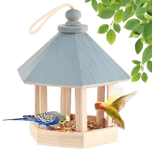 Vogelfutterhaus Holz 20 x 17 x 17 cm Sechseckig Vogelhäuschen aus Holz Deko Vogelhaus Kleines Vogelfutterspender mit Aufhängeseil für Gartenterrasse von Hapivida