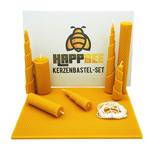 HappBee® Bienenwachs-Kerzen Bastel-Set mit Bienenwachsplatten und Docht für honiggelbe, duftende selbstgemachte Bienenwachskerzen | DIY-Geschenk-Set von HappBee