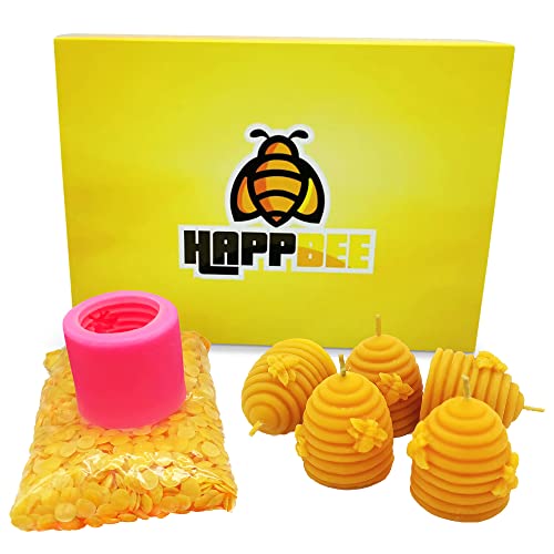 HappBee® Set Bienenwachskerzen gießen komplett mit Silikonform, Dochten 200 g reinem natürlichen Marken Bienenwachs 5 selbstgemachte Kerzen basteln auch als tolles Geschenk von HappBee