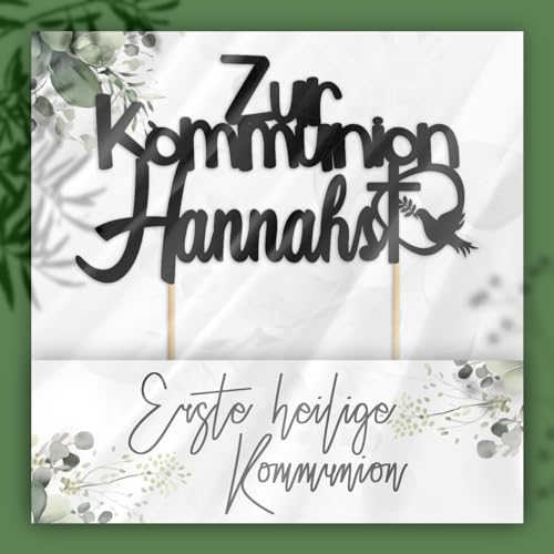 Cake Topper Personalisiert Tortenstecker mit individuellen Wunschnamen – Name, Datum, Kuchendeckel Glamour (Kommunion, Schwarz) von Happenings