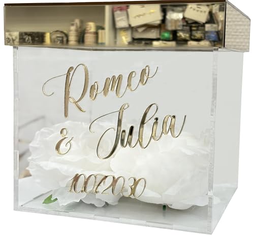 Happenings Personalisierte Hochzeitsbox für Umschläge aus Acryl – Goldspiegel, weiße Rosen, Namen des Brautpaares mit Datum – Elegante Kartenbox für die Hochzeit von Happenings
