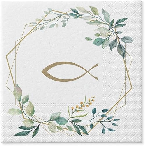 Kommunion-Servietten Symbol Ichthys und Blumen - 20 Stück | Dekorative Papierservietten zur Erstkommunion | Elegante und religiöse Tischdekoration von Happenings