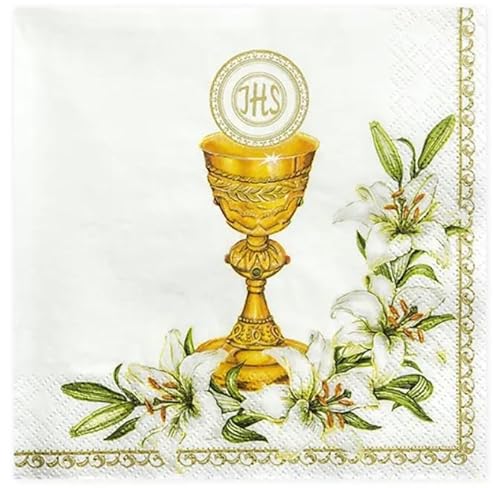 Kommunion-Servietten mit IHS bedruckt | Dekorative Papierservietten zur Erstkommunion Goldkelch, Hostie und schöne Blumen | Elegante und religiöse Tischdekoration von Happenings