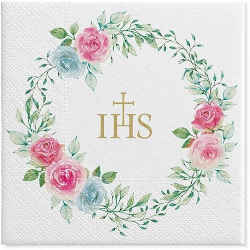 Kommunionservietten mit Rosen- und Goldprint IHS - 20 Stück | Dekorative Papierservietten zur Erstkommunion mit Mandala | Elegante und religiöse Tischdekoration von Happenings