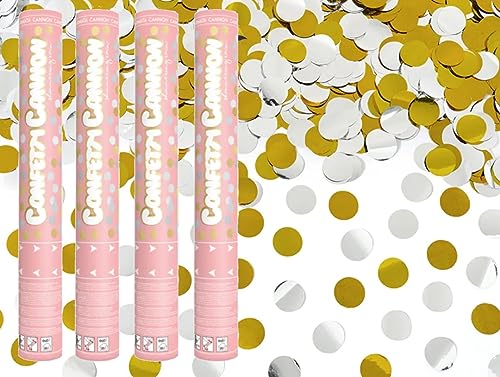 Konfetti-Kanone für Party, Hochzeit, Geburtstag, Jubiläum, Babyparty | Konfetti-Shooter Druckknopf 40 cm | 4 Stück (Gold - Silber Kreise) von Happenings