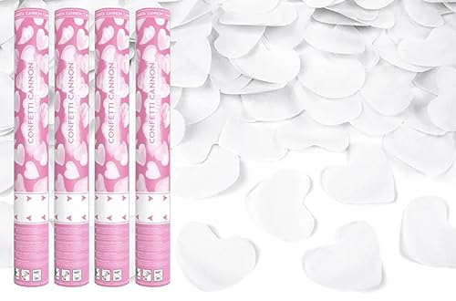 Konfetti-Kanone für Party, Hochzeit, Geburtstag, Jubiläum, Babyparty | Konfetti-Shooter Druckknopf 40 cm | 4 Stück (weiße Herzen) von Happenings