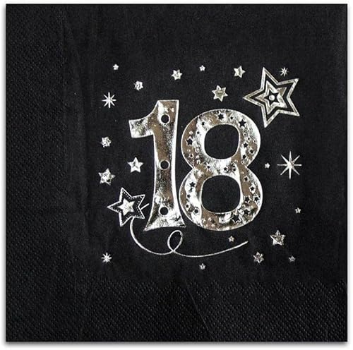 Papierservietten für 18. Geburtstag, Party, achtzehnter Geburtstag, Goldschrift, Silberschrift, Tischdekoration, 33x33cm Schwarze Servietten, Sterne (Silber) von Happenings