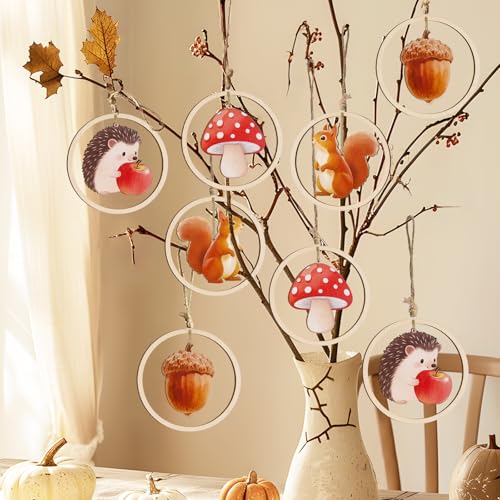 12er Herbst Dekoration Hängend Holz Anhänger, Lgel, Eichhörnchen, Tannenzapfen, Pilze und Juteseile, Doppelseitig Herbstdeko Innen Draußen zum Aufhängen, Bunte Herbstdeko Fenster, Deko Baumschmuck von Happirra