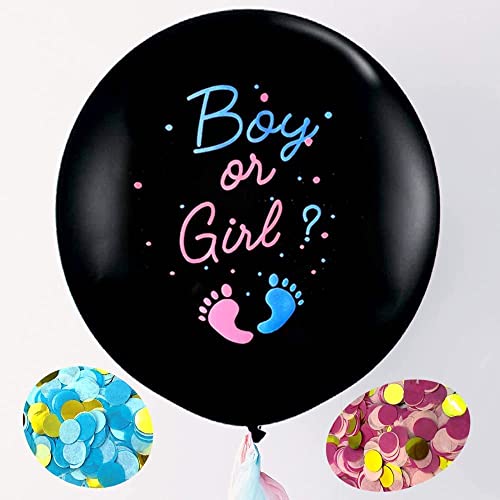 Happium Gender Reveal Luftballons Junge oder Mädchen, 91,4 cm große Latexballons mit rosa blauem Konfetti-Nadelband für Babyparty, Geschlechtsoffenbarung, Party-Dekoration (Unser Baby ist ein...) von Happium